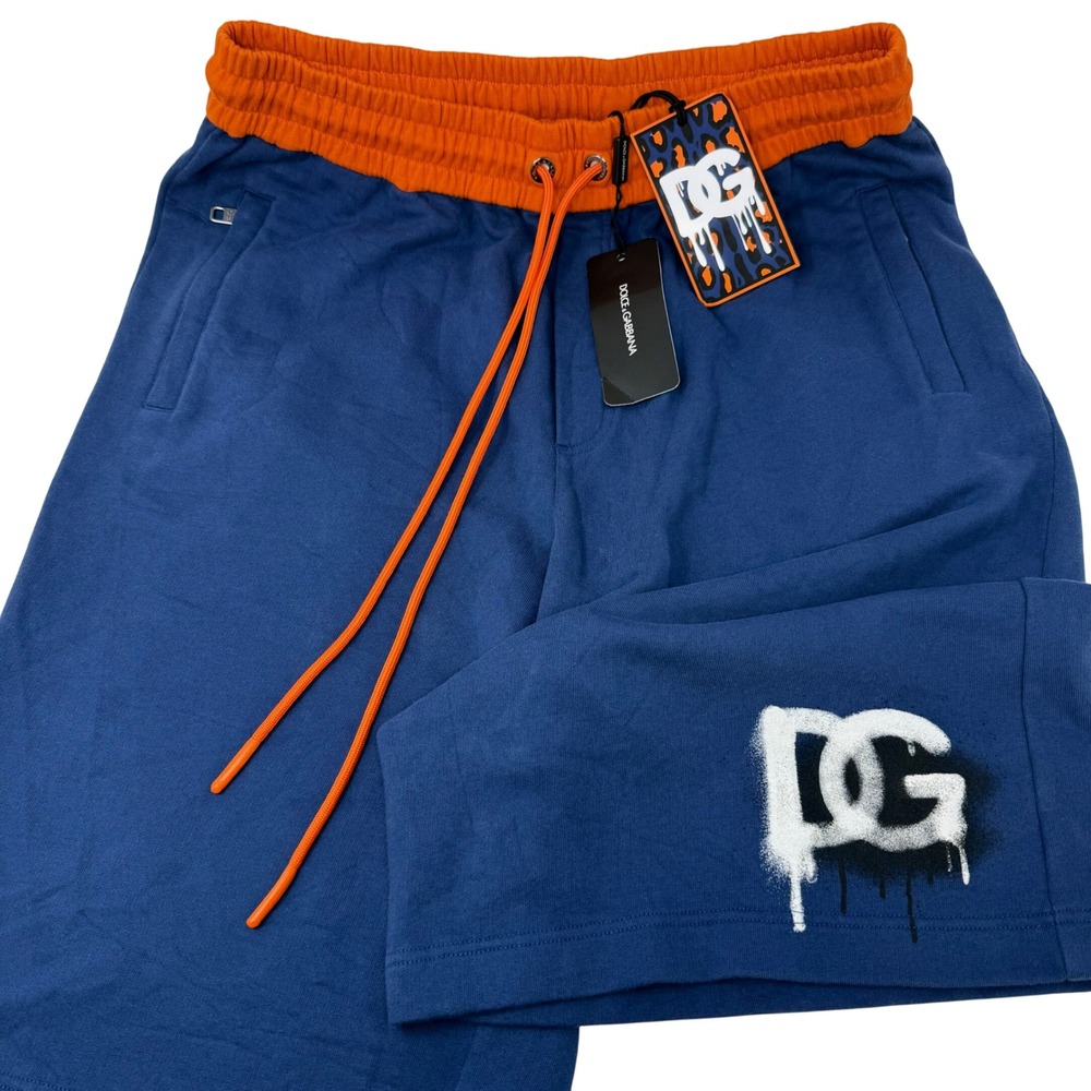 Dolce & Gabbana Mens Large US 50 IT Blue Orange DG Spray Logo Sweat Shorts NEW
